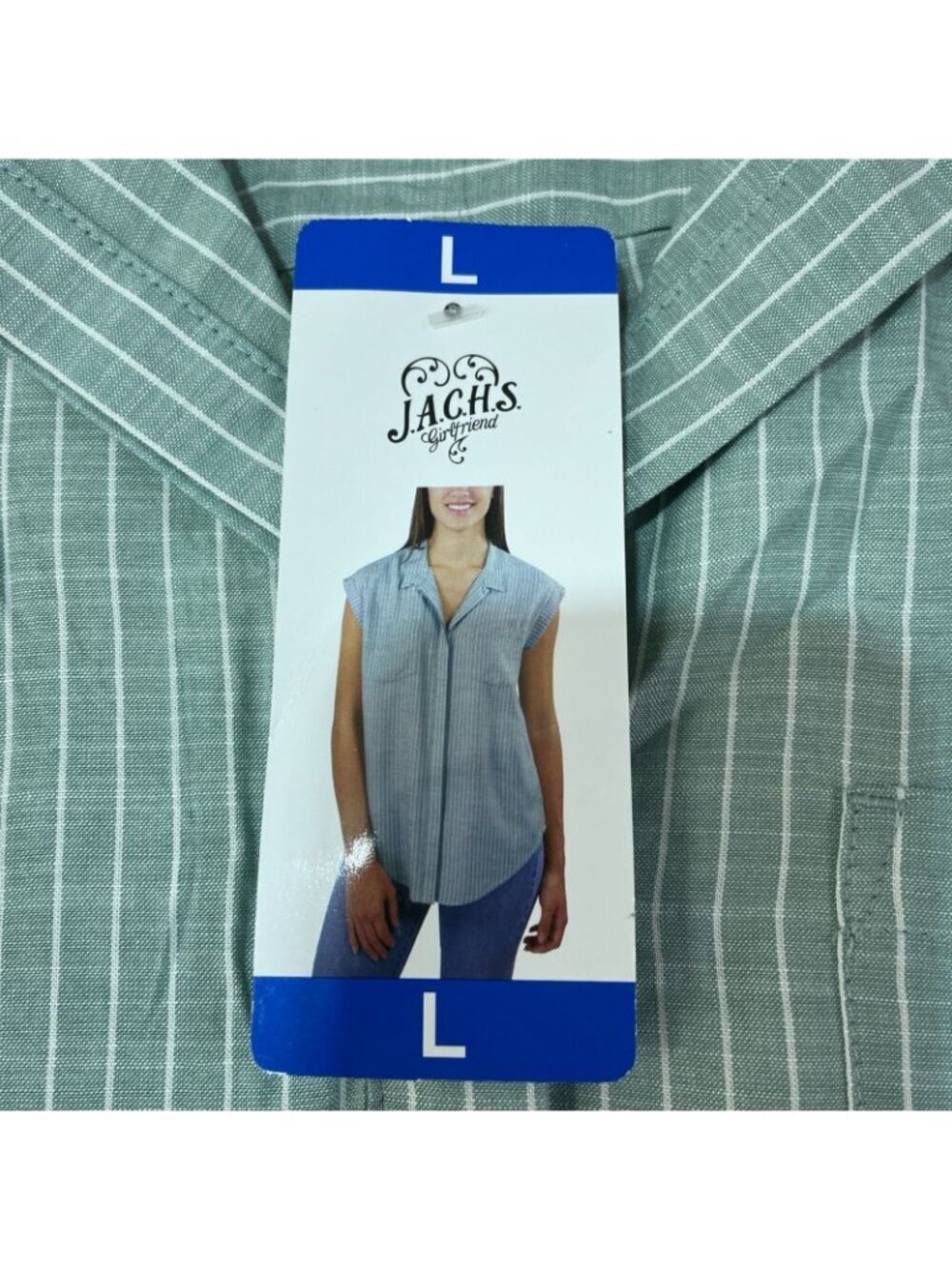 NWT Jachs Girlfriend Women's L Green Striped Sleeveless Button Front C1017 - Picture 10 of 12